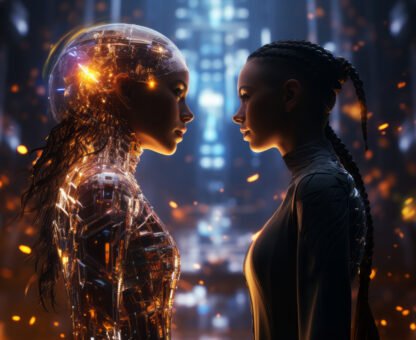 A pair of posthumanist avatars, one radiating a holographic glow
